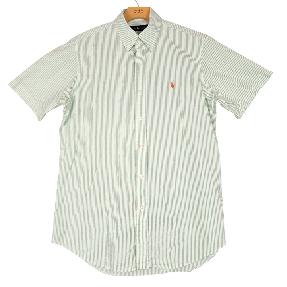 Ralph Lauren Mens Medium Green Striped Short Sleeve Button Down Shirt Cotton